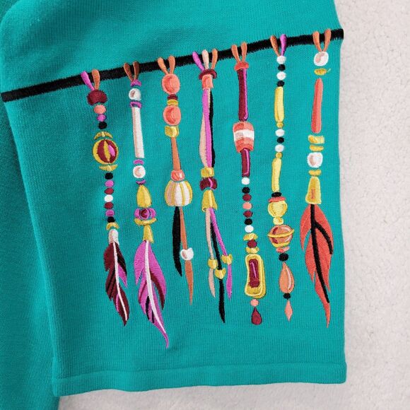 Bob Mackie Cardigan Womens Sweater 1X Green Embroidered Dream Catcher Button XL - Picture 3 of 11